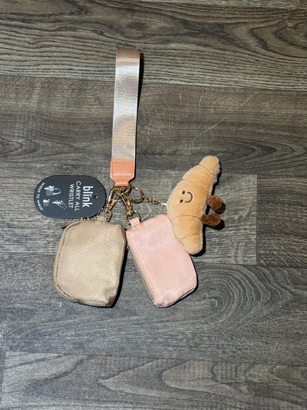 Blink Women’s Peach Key & Card Holder Wristlet with Plush Croissant Charm